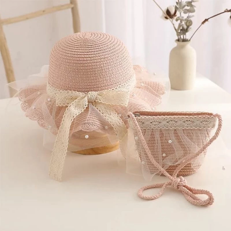Topi pantai set tas renda mutiara PST13 / Topi set tas anak / Topi pantai anak import