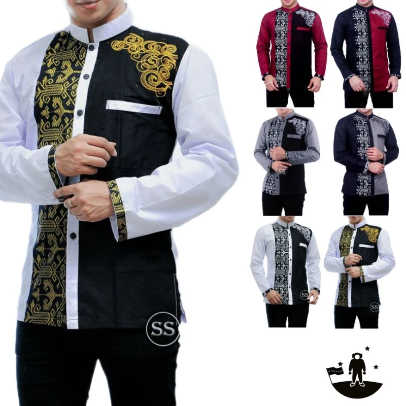Baju Muslim Pria Modern Motif Batik Kombinasi Bordir