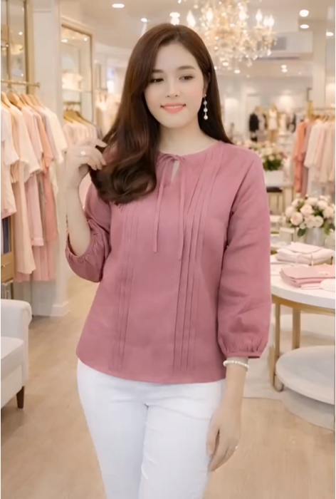 Atasan blouse wanita Korea cantik imut kerah bulat tali lipit warna solid#belilokal #blouse #fyp