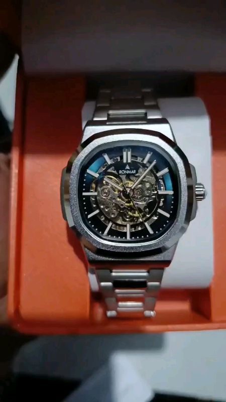 RONMAR Jam Tangan Pria Automatic Skeleton Matte Black & Matte Silver Stainless Steel Dial Biru Tampilan Elegan & Modern #jam #jamtangan #fashion #fyp