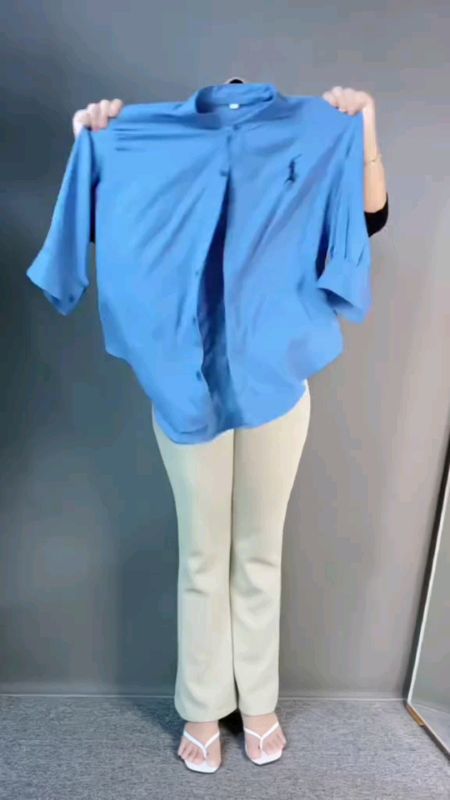 Atasan // Kemeja Wanita Bordir Logo Kuda Rayon Twill Lengan 7/8 Kerah Sanghai Kualitas Terbaik