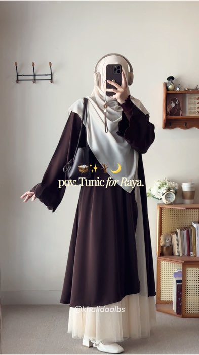 tunik (mahogany L/XL); rok (cream); pashmina (oat v 1) #tunik #tunikantiuv #tuniklebaran #ootdlebaran #outfitlebaran