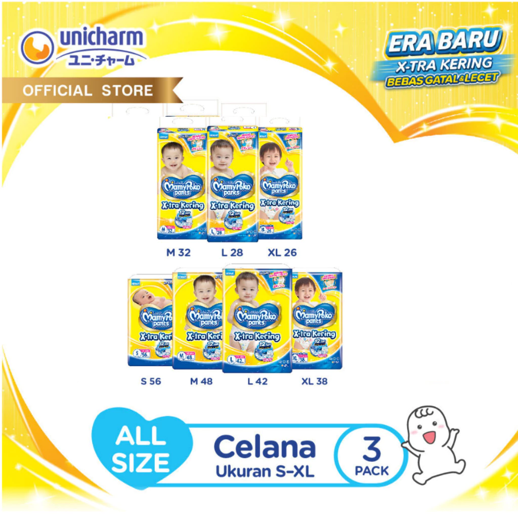 MamyPoko Pant All Size 3 Ball Popok Bayi Asli