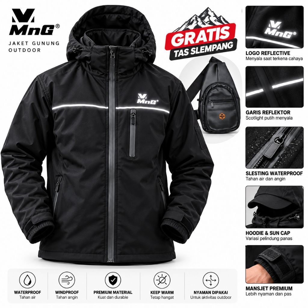 MnG Jaket Gunung Anti Air dan Angin Pria Windbreaker Outdoor Bahan Taslan Premium