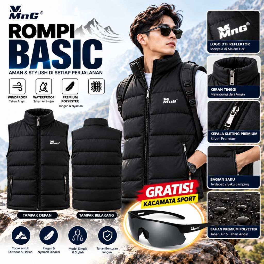 MnG Rompi Basic Motor Pria Wanita Tebal Waterproof Windproof Warna Hitam