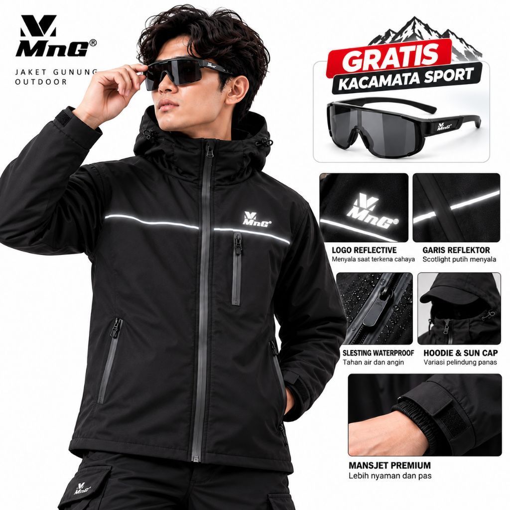 MnG Jaket Gunung Pria Anti Air Sleting Waterproof Windproof Taslan Outdoor Motor