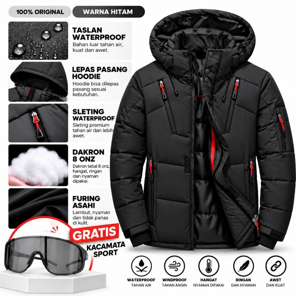 MnG Jaket Puffer Hoodie Unisex Waterproof Windproof Jaket Gunung Tebal Musim Dingin