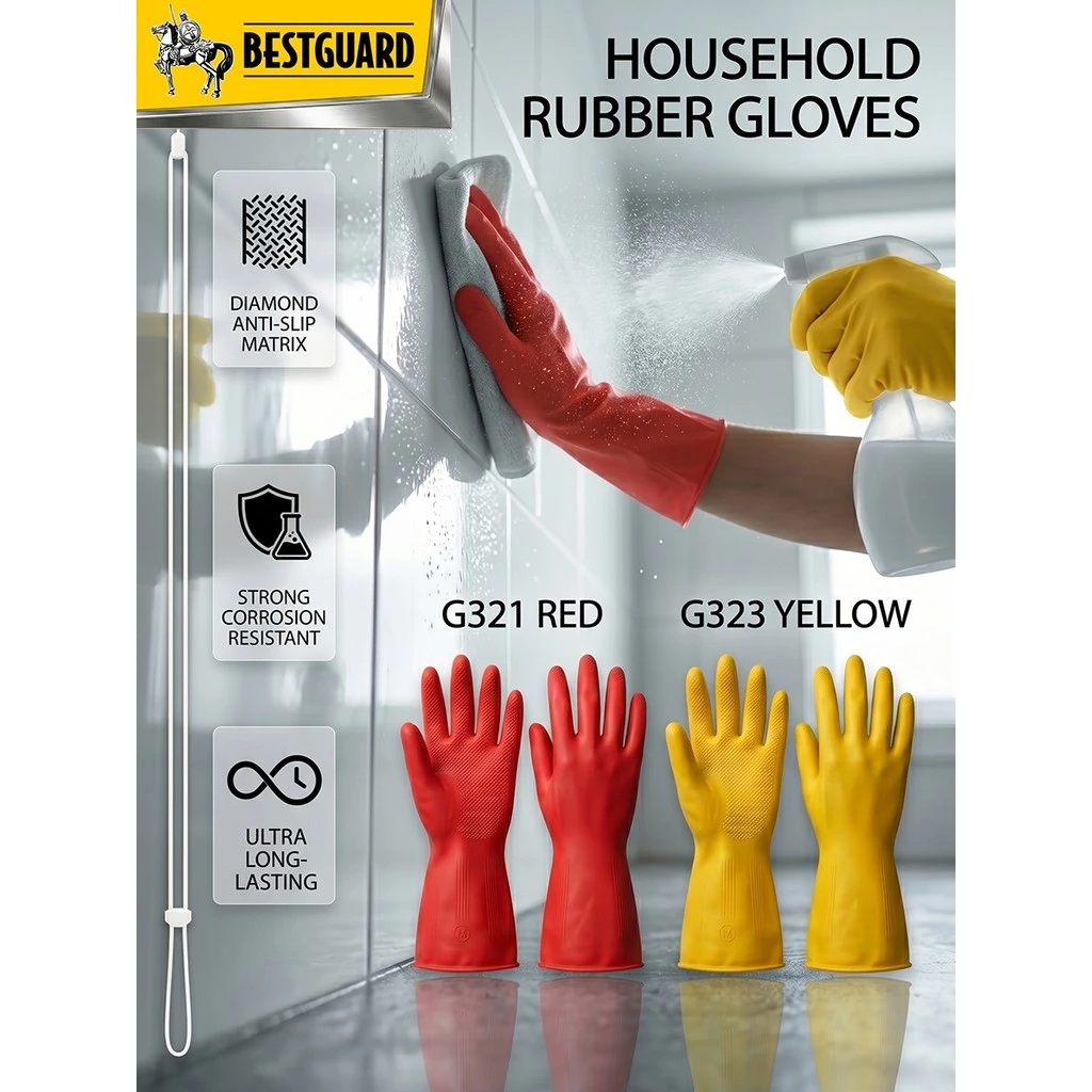 BESTGUARD Sarung Tangan Karet Cuci Piring Rumah Tangga 30cm Tebal Anti Slip Tahan Air Minyak Lateks Kebun Pekerjaan Berat Premium