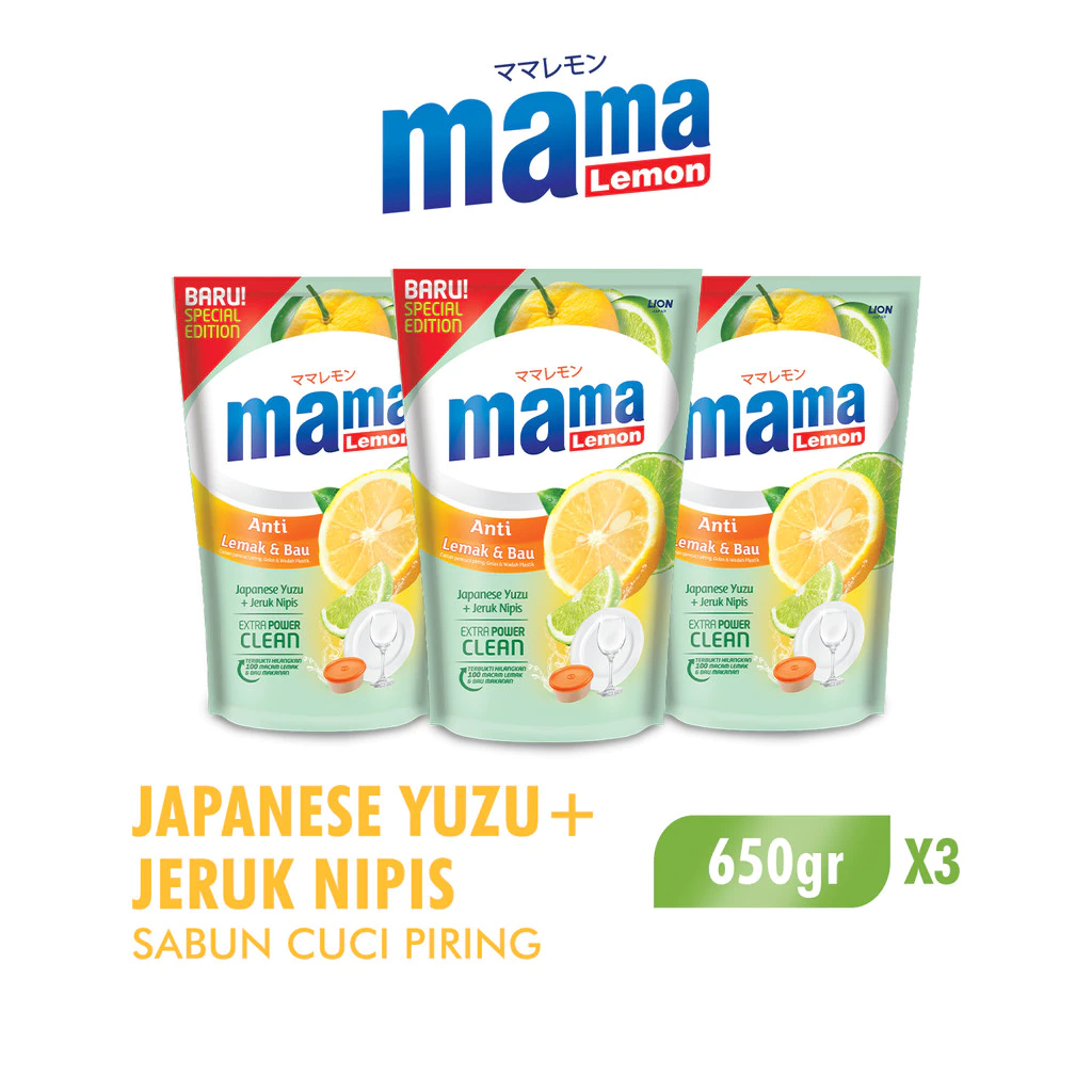 Mama Lemon Sabun Cuci Piring Yuzu & Jeruk Nipis Anti Lemak & Bau Pouch 650 gr x3