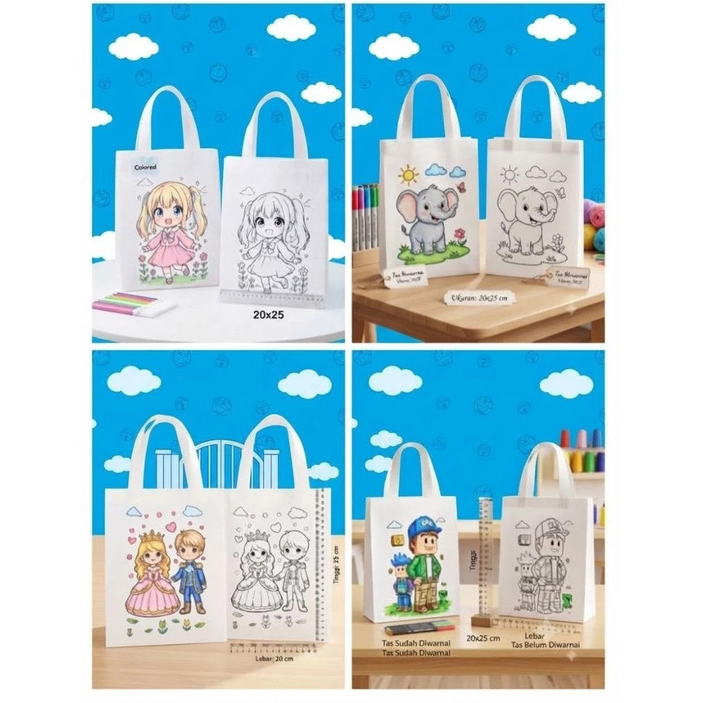 (Harga Per Pcs) Tas Mewarnai Ukuran 20x25 ( TALI ) Tas Ultah Mewarnai anak Tas Berkreasi