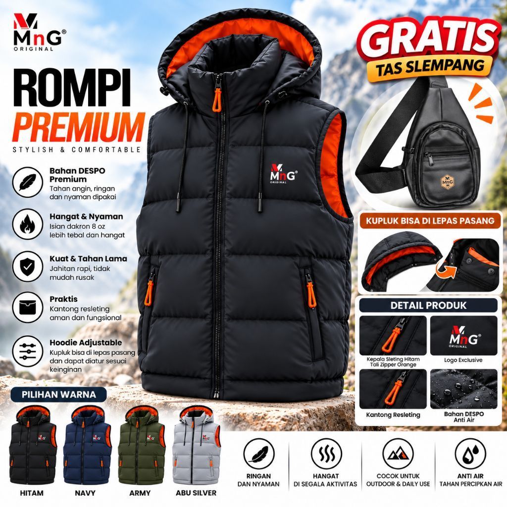 MnG Rompi Pria Hoodie Pelindung Dada Waterproof Anti Angin Polos Dewasa Wanita Unisex