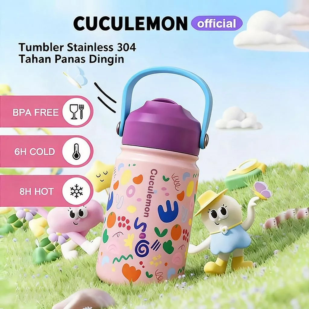 CUCULEMON Tumbler Anak Sedotan 350ml Termos Stainless Steel Botol Minum Portable Tahan Panas Dingin