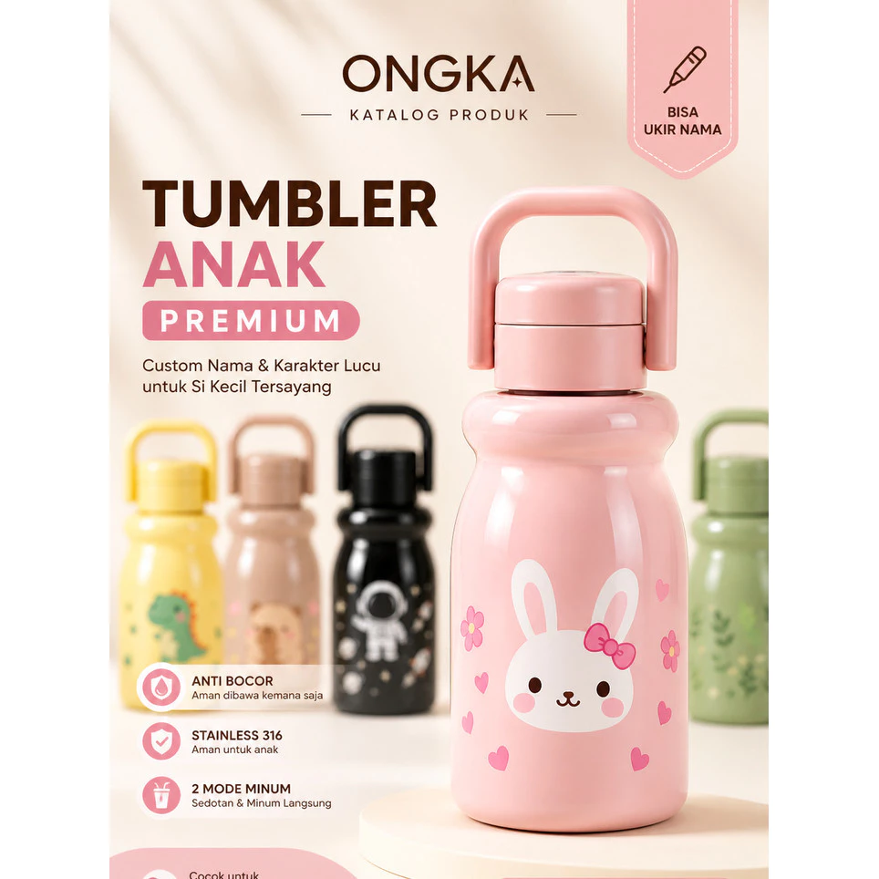 Bisa Ukir Nama | Ongka - Botol Minum Anak Stainless 316 Anti Bocor 450ml | Tumbler Anak Karakter Lucu Premium