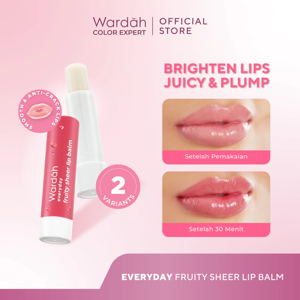 Wardah Everyday Fruity Sheer Lip Balm,Pelembab Bibir Sehat Merona dgn Vitamin E,Mengandung UV