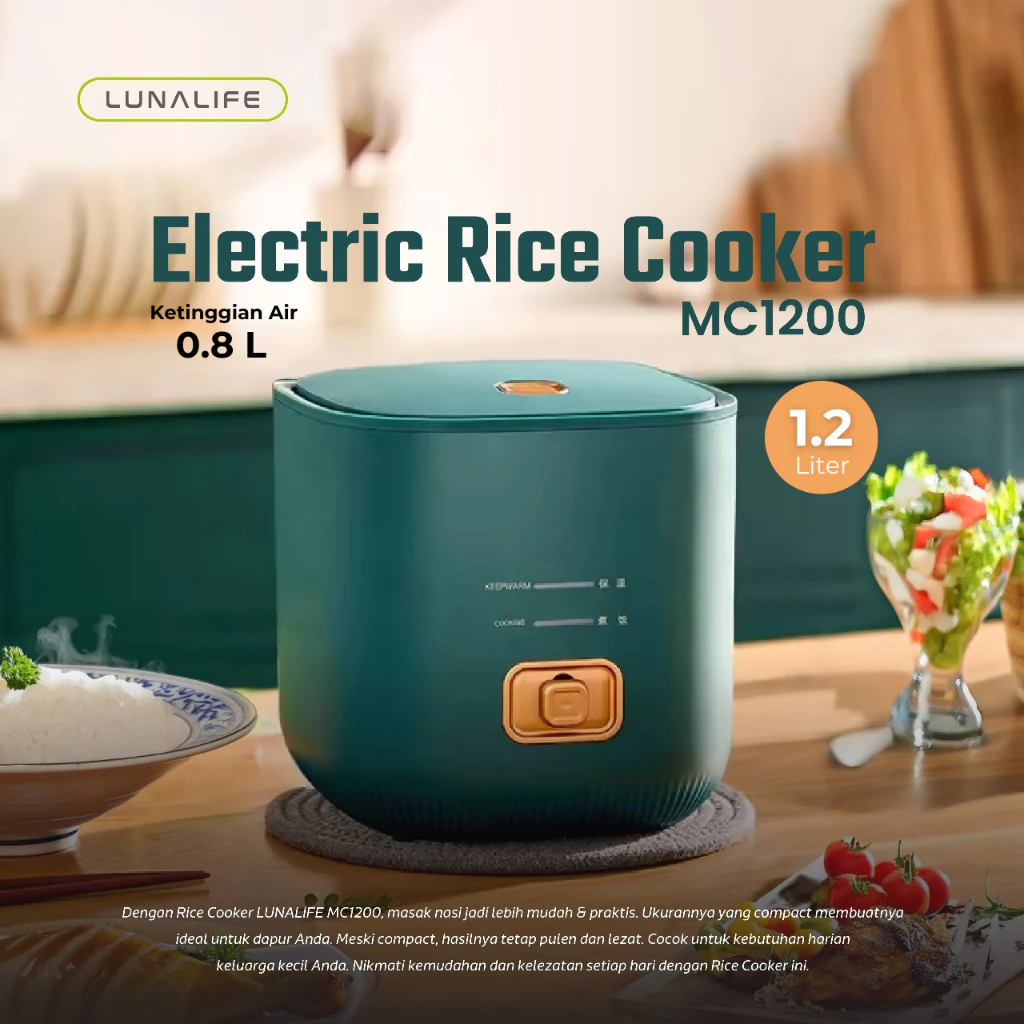 LUNALIFE Mini Rice Cooker Penanak Nasi Portable 1.2L 200Watt Ketinggian Air 0.8 Liter, 200gr / 2 Cup Nasi