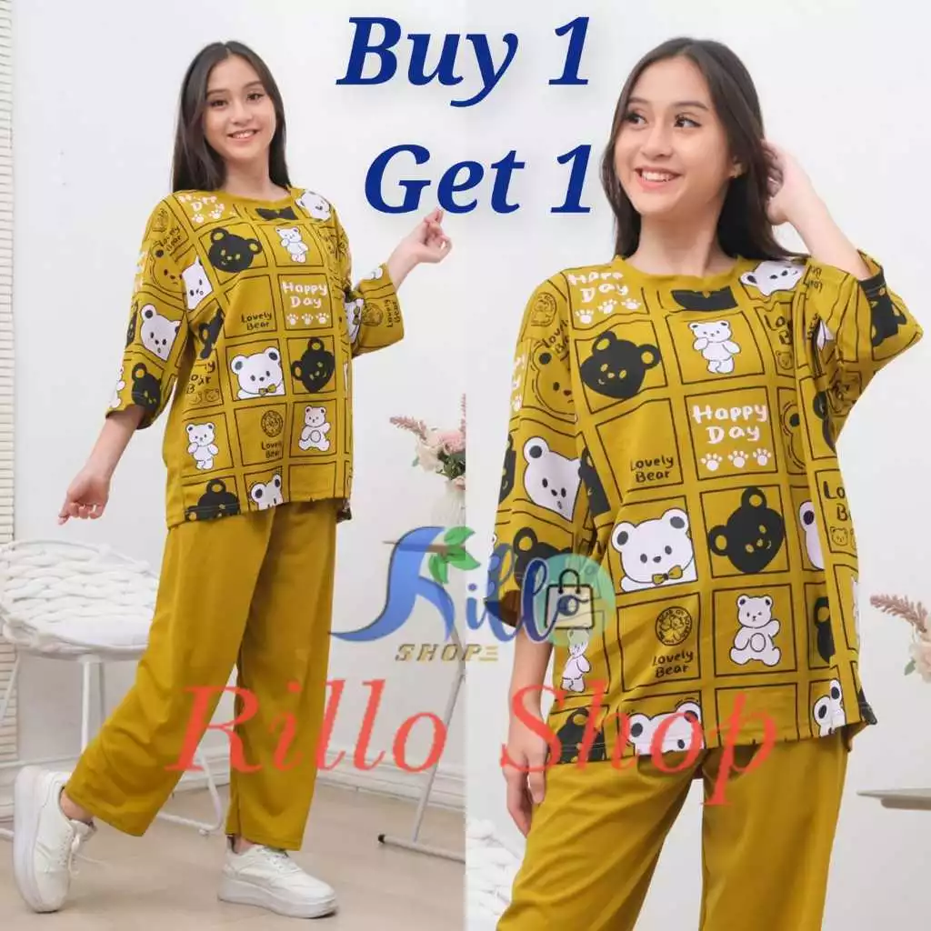 RILLO - BUY 1 GET 1 !!! Setelan Wanita Atasan Dan Celana Oversize Happy Day