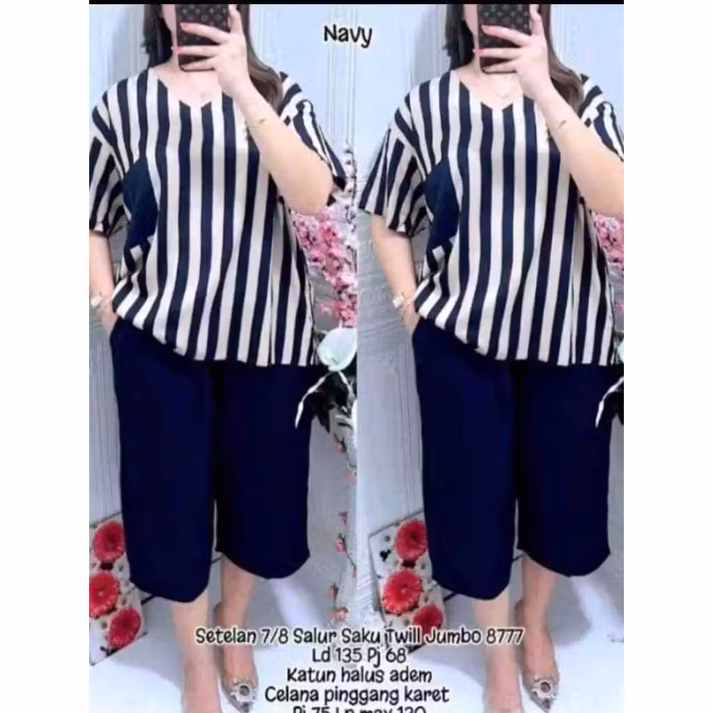Setelan Andin Semi Rayon Salur Kombinasi Polos / Setelan Baju Celana Katun Rayon Salur Kombinasi Kek