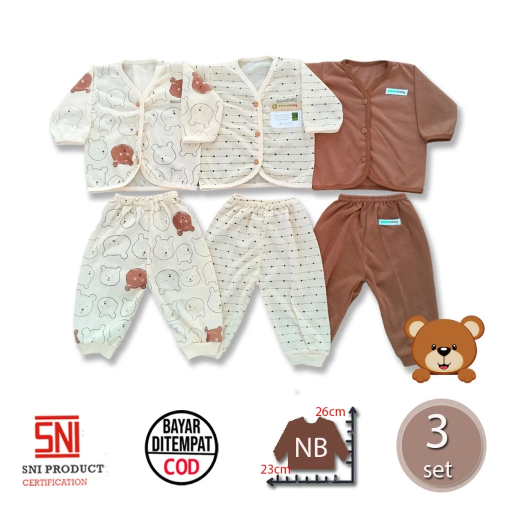 6 Pcs / 3 Set Baju Bayi Panjang Celana Bayi Setelan Newborn Baru Lahir Atasan Kado Murah Lucu Cowok Cewek Perempuan Laki 0-6 Bulan Beruang Coklat Ekonomis Gift Set
