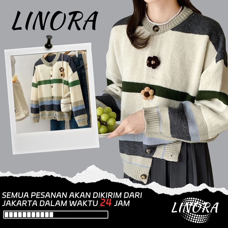 LINORA - Sweter garis-garis blok warna gaya Korea style cardigan rajutan wanita leher bulat
