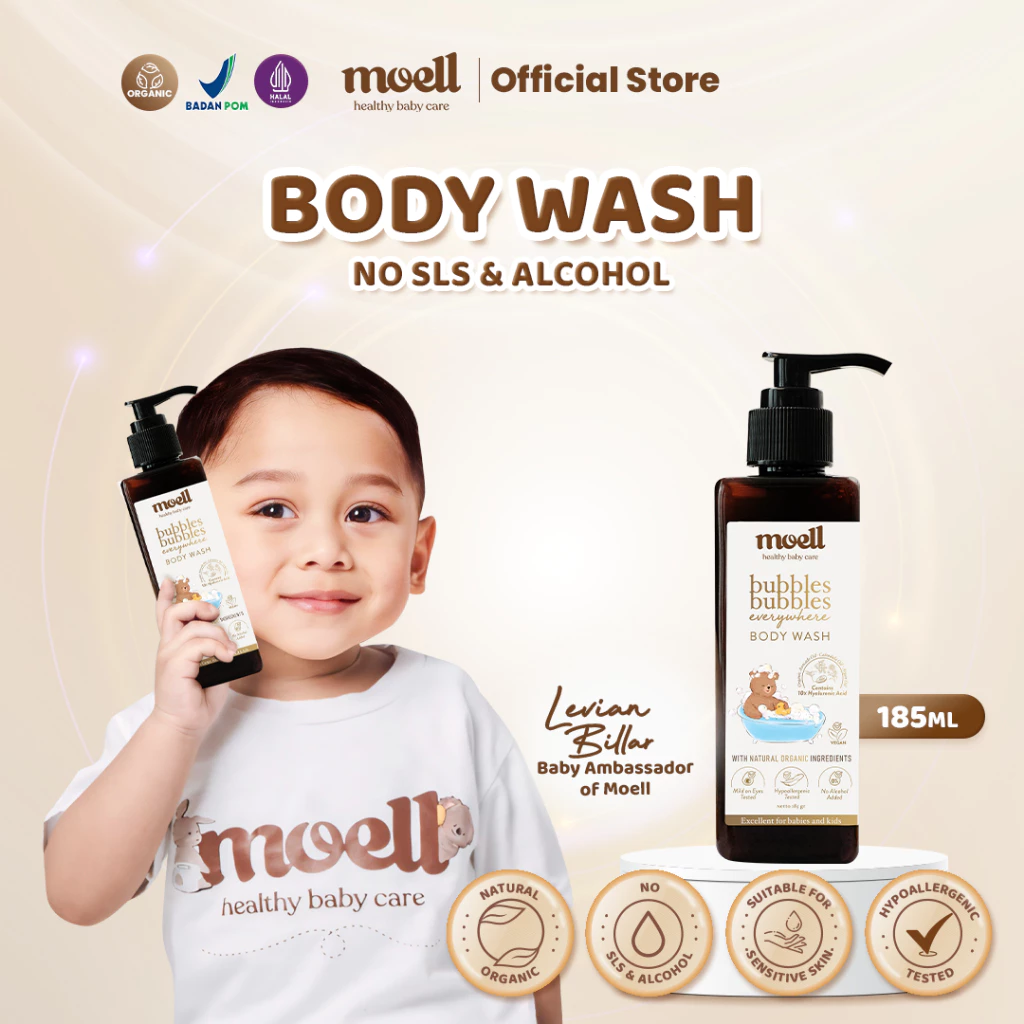 Moell Body Wash 185ml - Tanpa SLS - Bubbles Bubbles Everywhere Body Wash - Sabun Bayi - Natural Orga