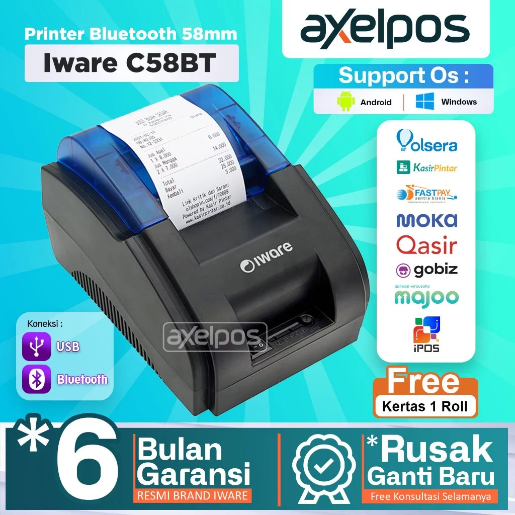 Axelpos PRINTER BLUETOOTH KASIR IWARE C-58BT SUPPORT CASH DRAWER
