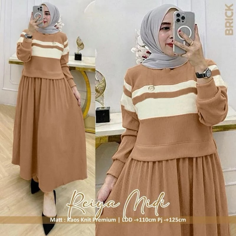 Reiya Midi Dress Muslim Bahan Kaos Knit Dress Korean Style Baju Gamis Terbaru 2024 ELF