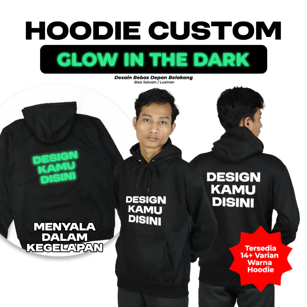 Hoodie Jumper Custom Sablon Glow In The Dark 2 Sisi Pria Wanita