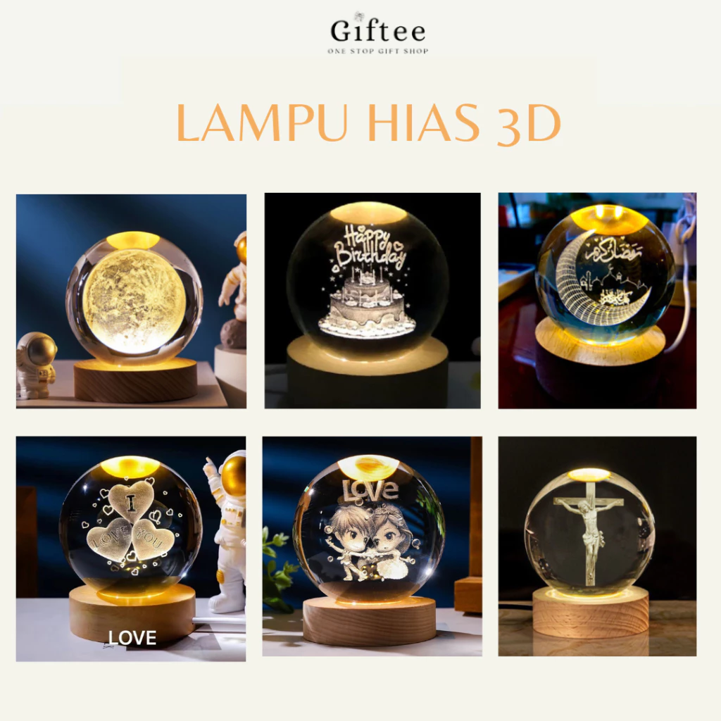 LAMPU HIAS 3D LED BUAT KAMAR TIDUR 3 DIMENSI NIGHT LAMP MALAM BULAN TATA SURYA LOVE BOLA KRISTAL KACA TRANSPARAN HAMPERS KADO HADIAH GIFT BOX