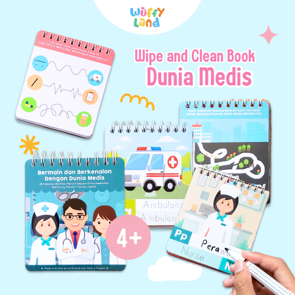 Wuffyland Wipe And Clean Book Dunia Medis untuk anak PAUD & Pra TK (FREE Spidol Boardmarker)
