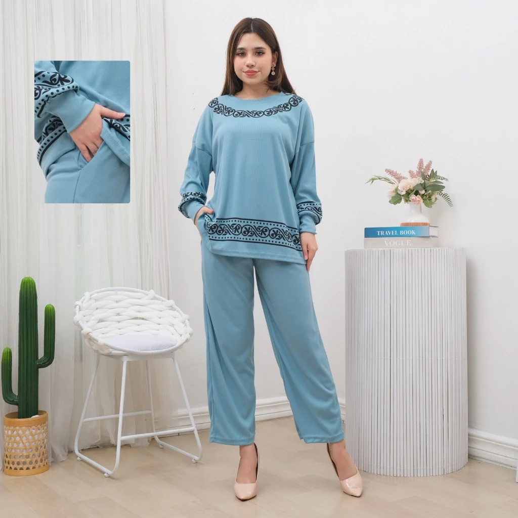 One Set Yuki Ld 120 Setelan Knit Wanita Atasan Lengan Panjang Dan Celana Panjang