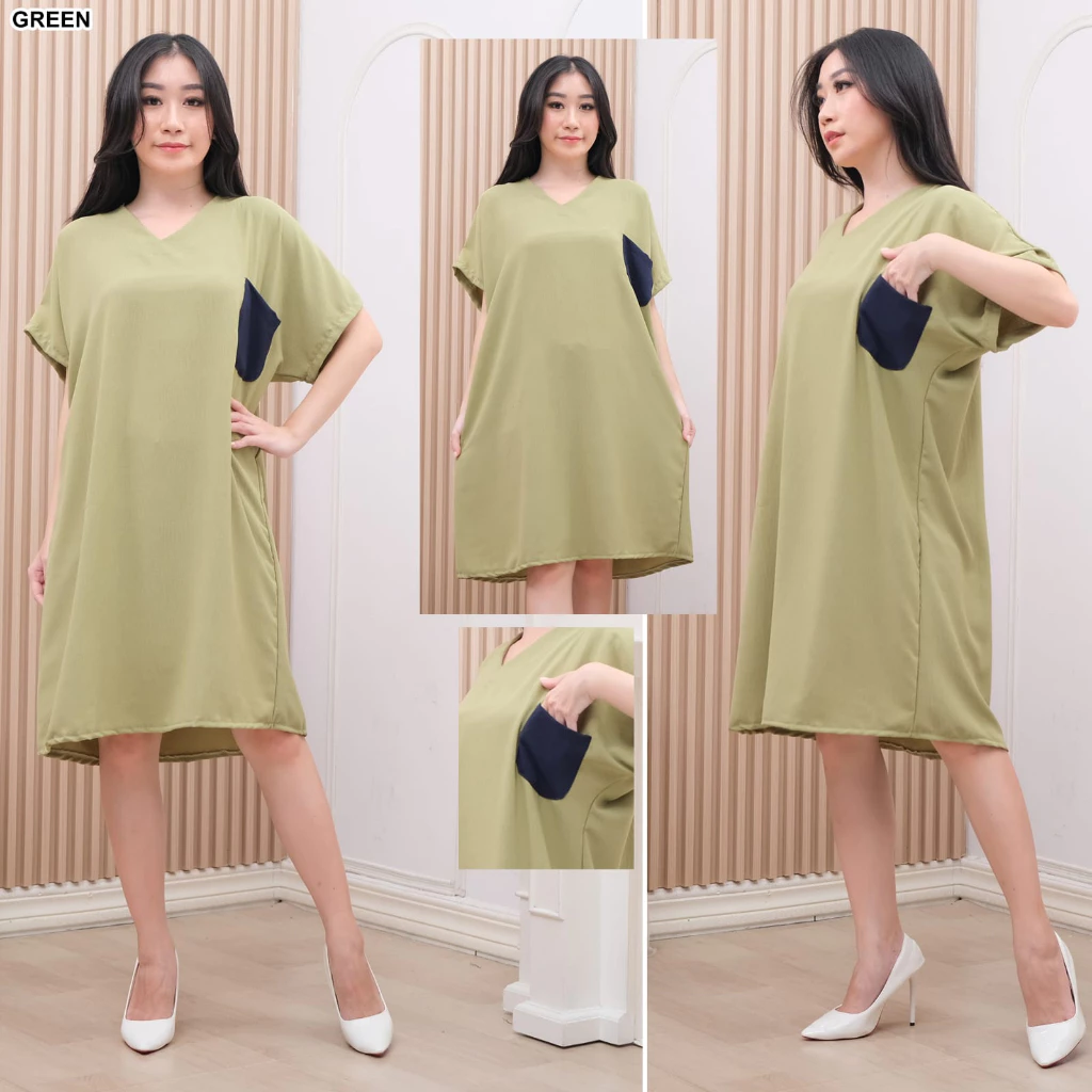 RILLO - Dress Simple Wanita Crinkle Airflow V-neck