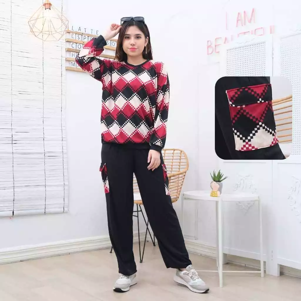 Setelan Cargo Classy Wanita Knit Premium Lengan Panjang Ld 110