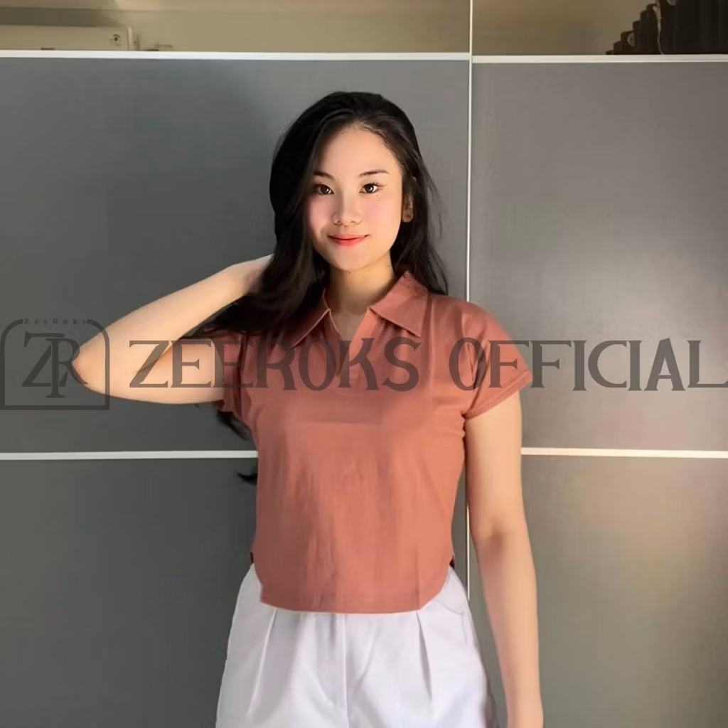 Baju kaos Wanita Croptop Kerah Polo Lengan Pendek Bahan Cotton Combed Kaos Cewek tren kekinia