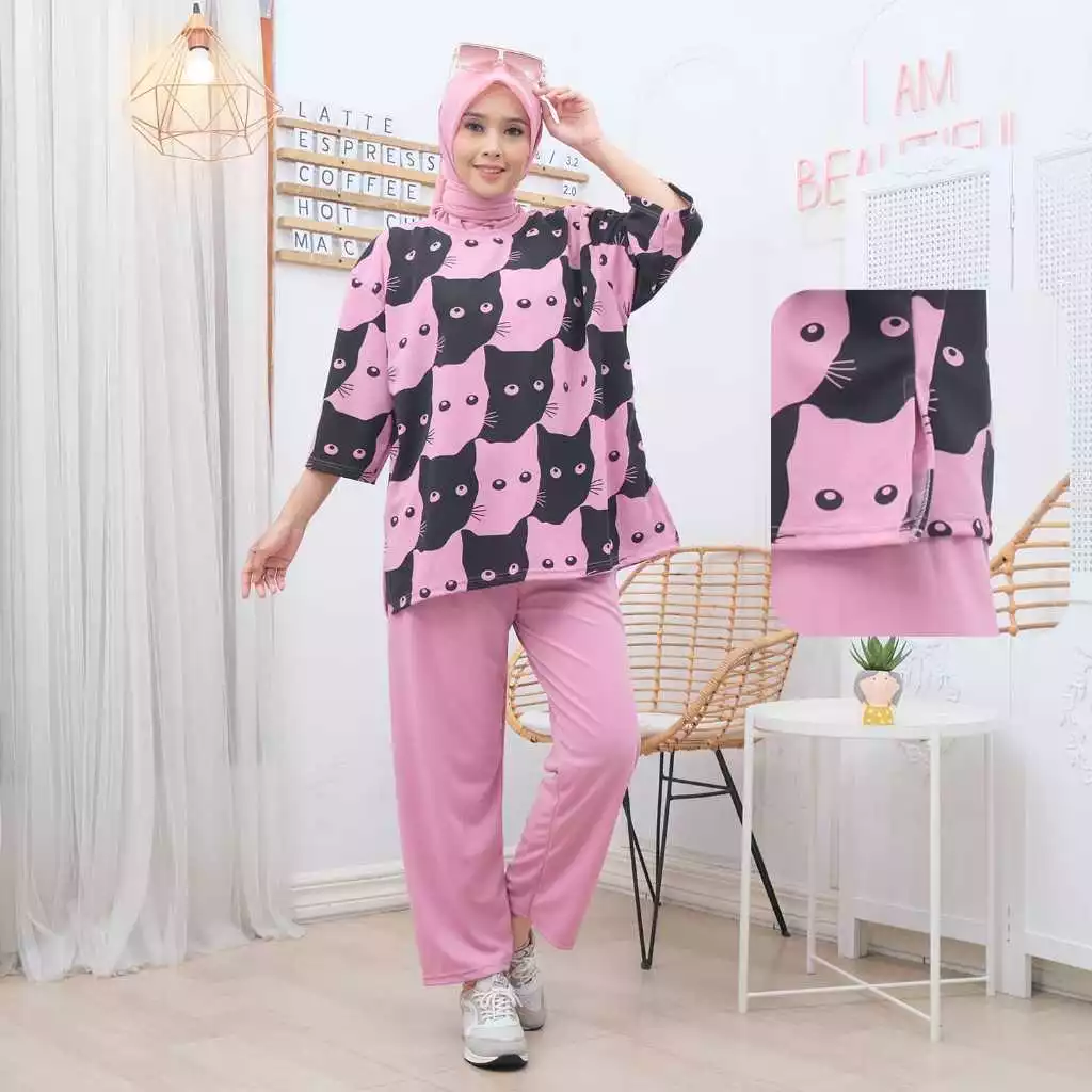 RILLO - Ld 120 One Set Black Cat Setelan Wanita Atasan Dan Celana