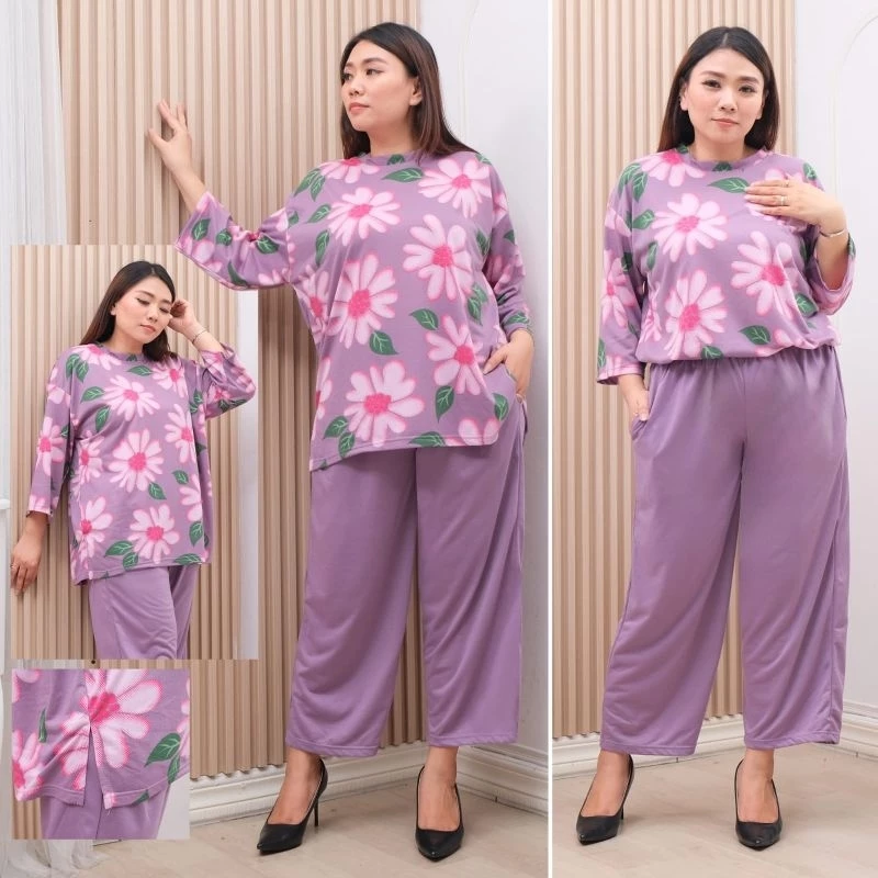 RILLO - Setelan Wanita Flower Ld 120 Dan Ld 140 Atasan Dan Celana Kantong Babyterry