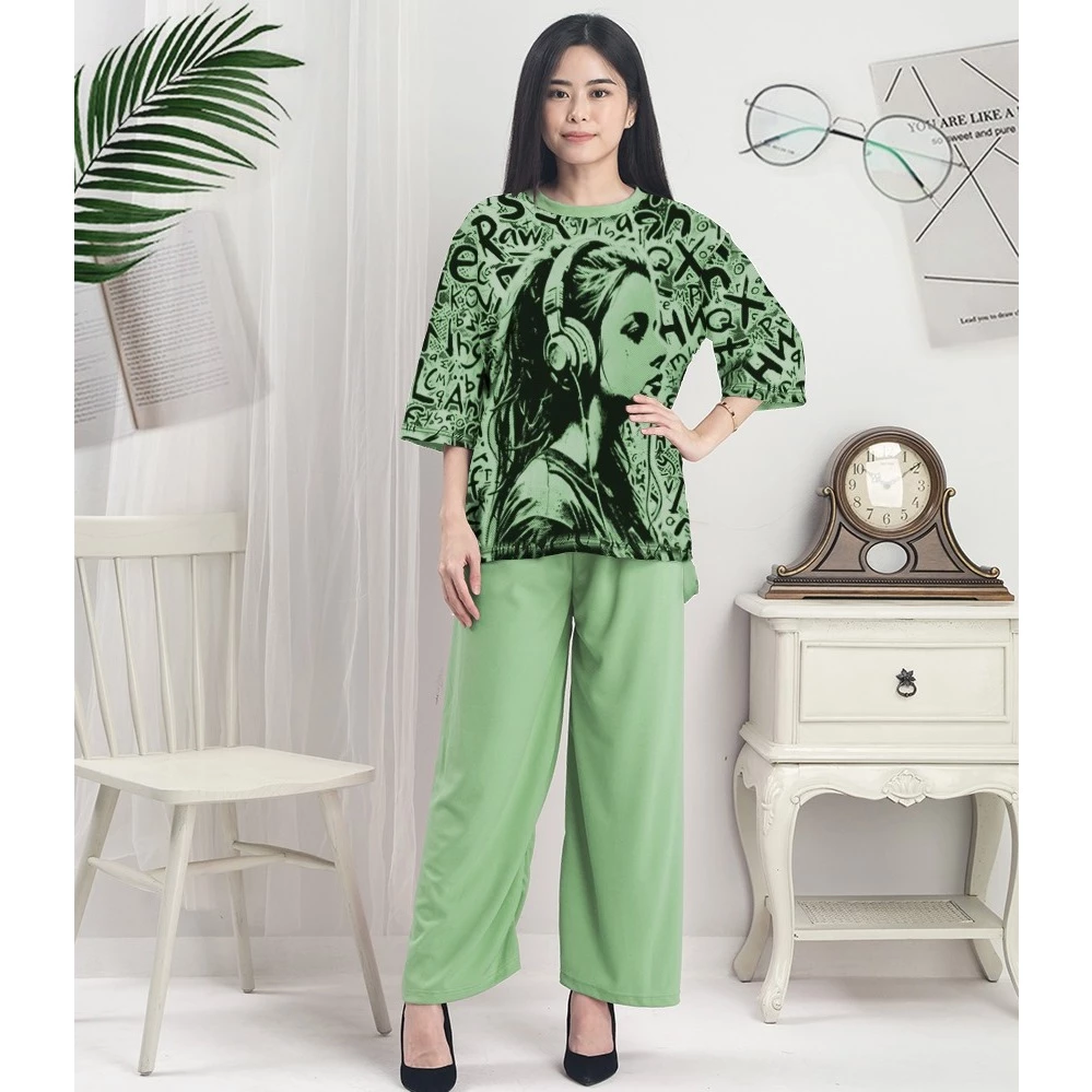 RILLO - One Set Wanita Setelan Oversize Abjad Girl Atasan Dan Celana Dewasa