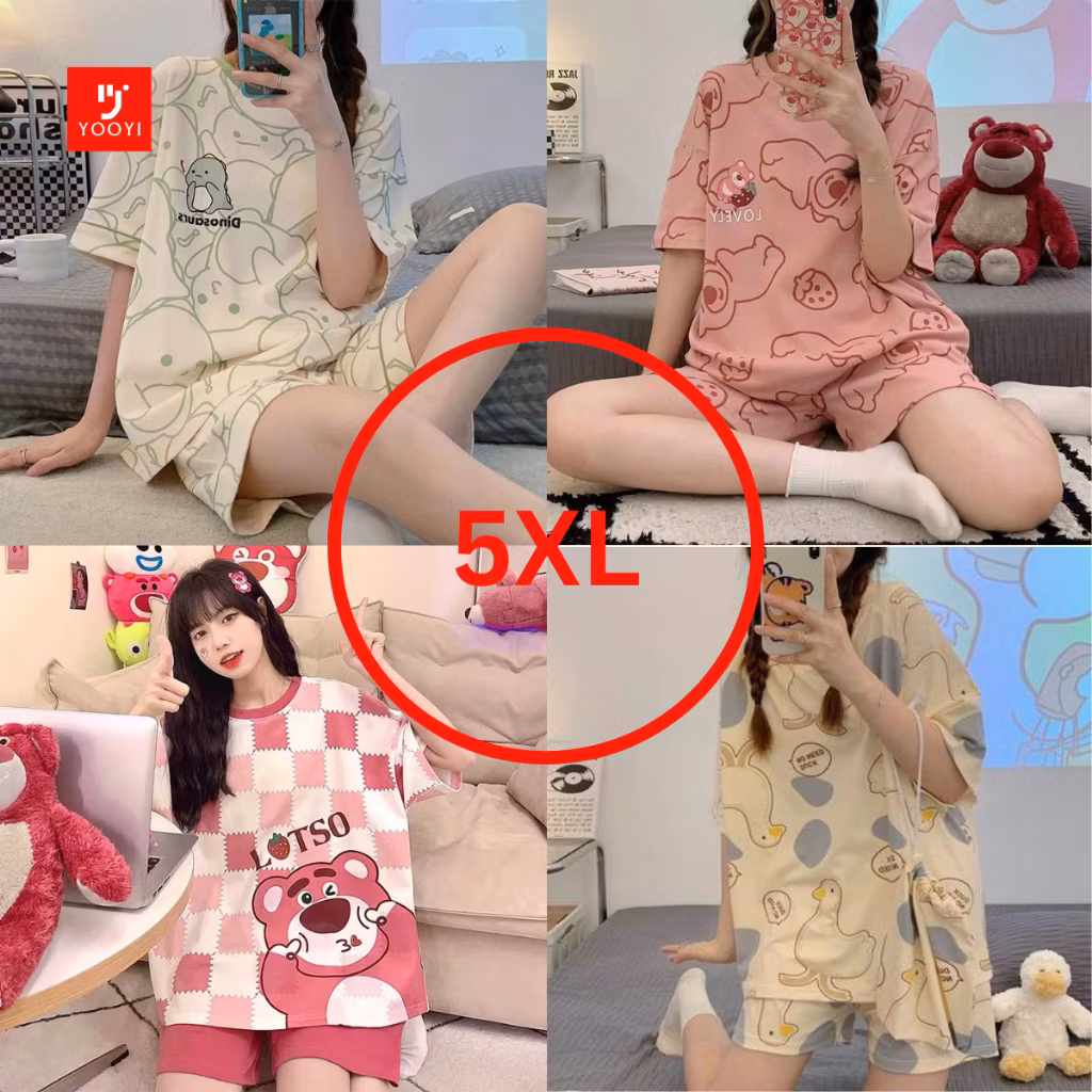 Yooyi Baju Tidur Wanita Jumbo 5XL Piyama Korea Lengan Pendek Celana Pendek Motif Kartun Lucu Setelan