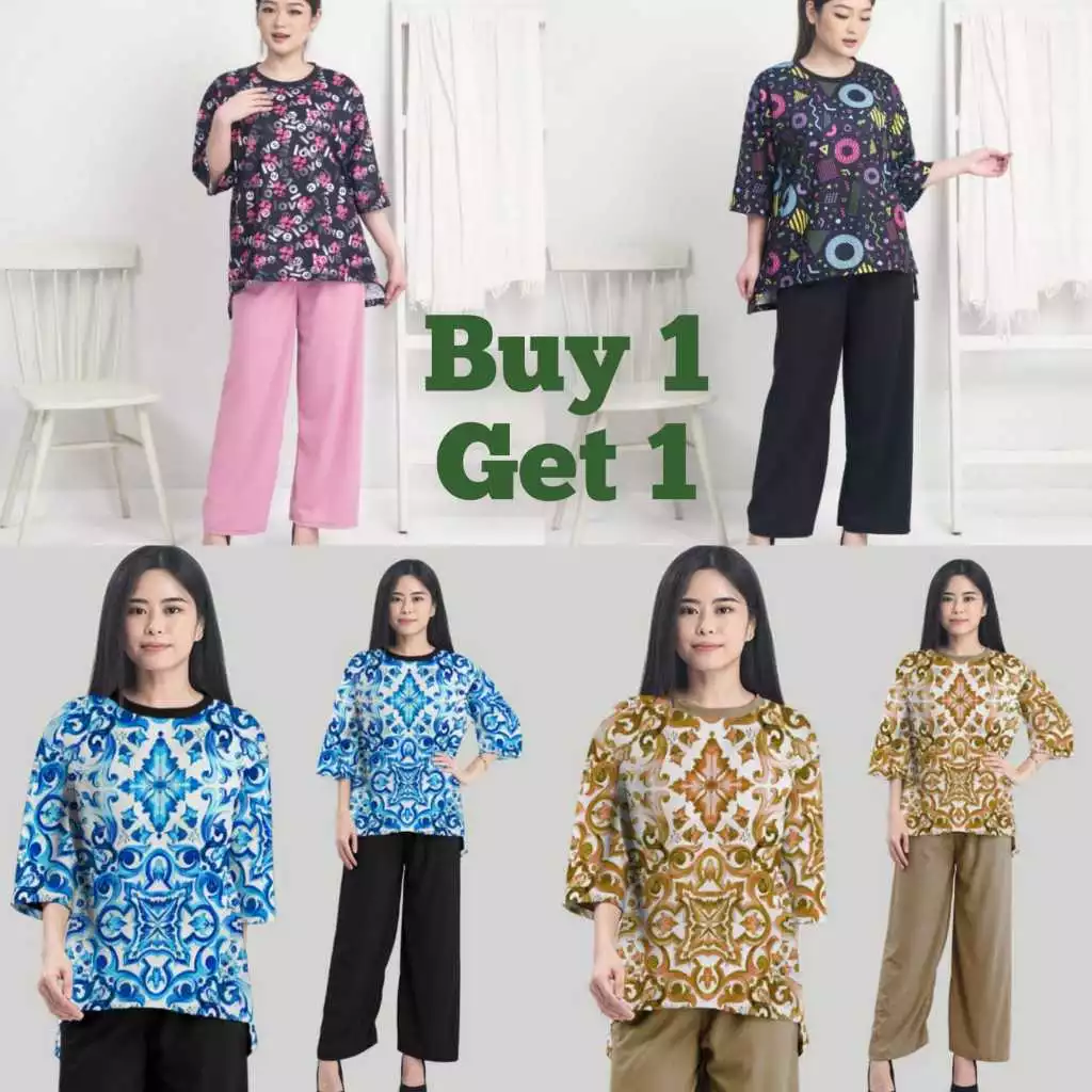 BUY 1 GET 1 !! Setelan Wanita Oversize Atasan Dan Celana Nora Printing