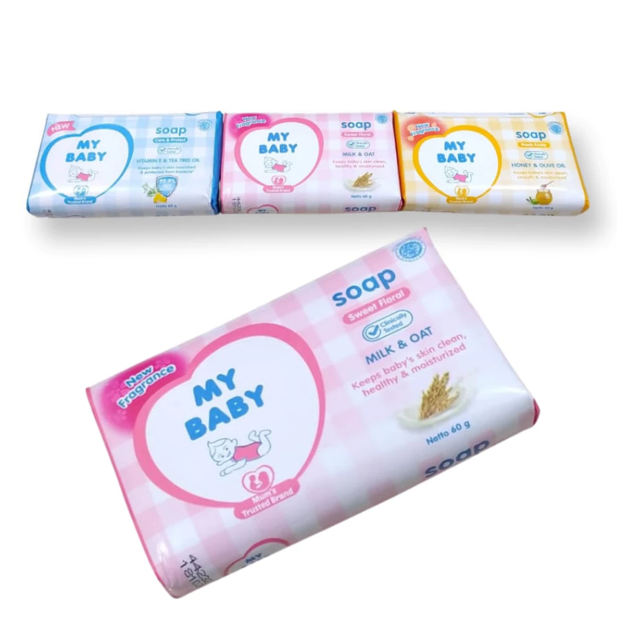 MY BABY SOAP 60gr SABUN BATANG BAYI MILK OAT HONEY OLIVE OIL TEA TREE VITAMIN E MILD GENTLE SOFT SMOOTH FRESH NOURISH BIRU PINK KUNING NEWBORN BAR SOAP BAYI CUSSON ORGANIC OLIVE OIL NATURAL CHARMOMILE PURE WATER KESEHATAN 60 GRAM gr LOTION IBU ANAK