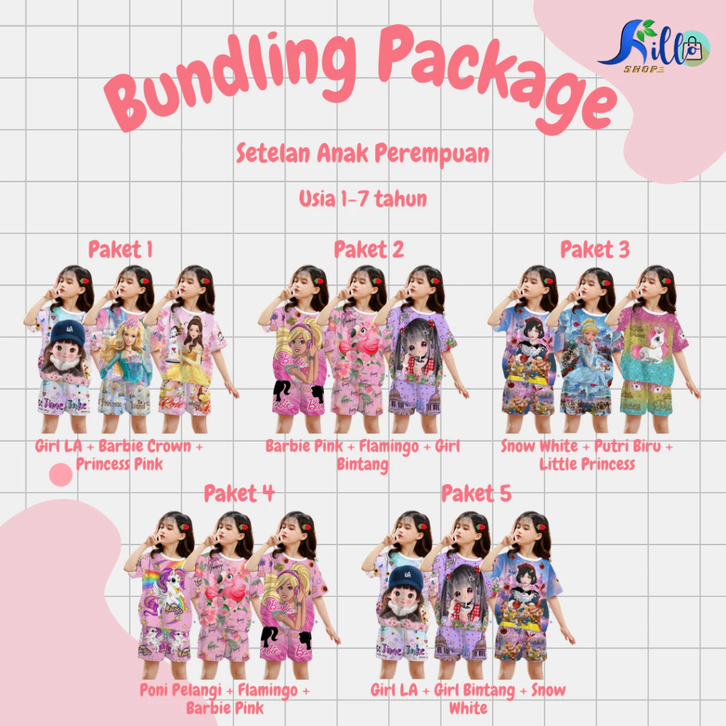Paket Hemat / Paket Bundling Setelan Anak Perempuan Full Print 3 pcs