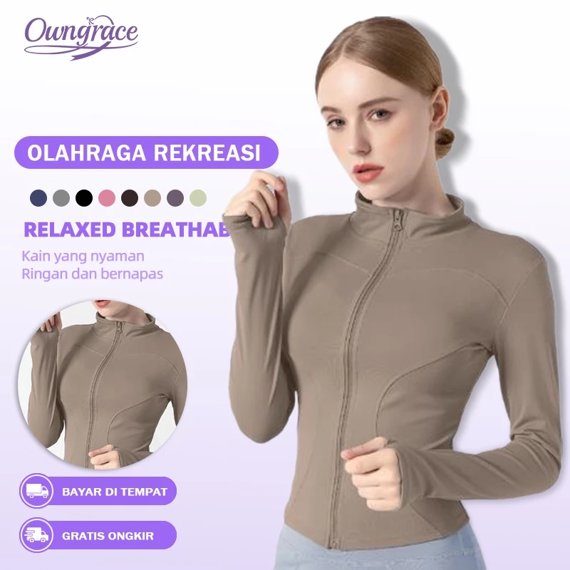 Owngrace Jaket Olahraga Anti Uv Wanita Polos Lengan Panjang Untuk Yoga/Gym/Fitness