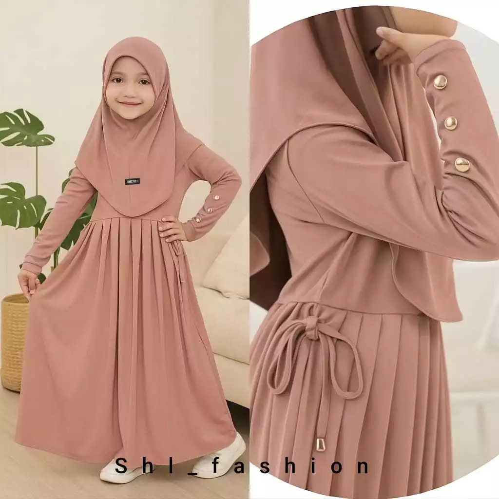 Gamis Abaya Shela Set Hijab Gamis Anak Serut Pinggang Bahan Jersey Premium Usia 1-10 Tahun