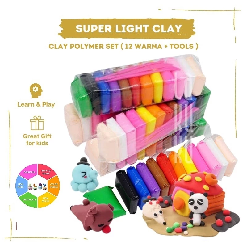 Super Light Clay Lilin Mainan Anak / Clay Polymer Premium 12 Warna / Mainan Edukasi Anak