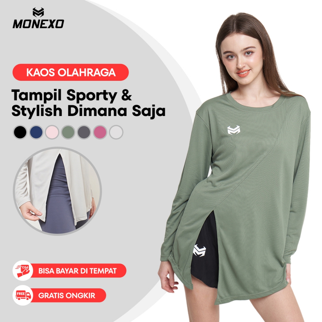 Monexo - Baju Olahraga Wanita Lengan Panjang Kaos Olahraga Running Gym Yoga Hijab Sport
