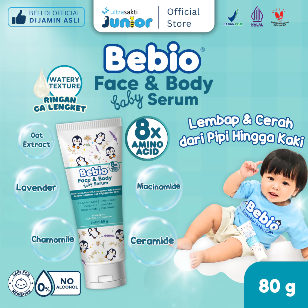 Bebio Face & Body Baby Serum 80g – Pelembab kulit Wajah dan badan Bayi & Anak dengan 8x Amino Acid- Tidak Lengket dan Aman untuk Bayi Sensitif-Mencerahkan dan Meredakan Iritasi