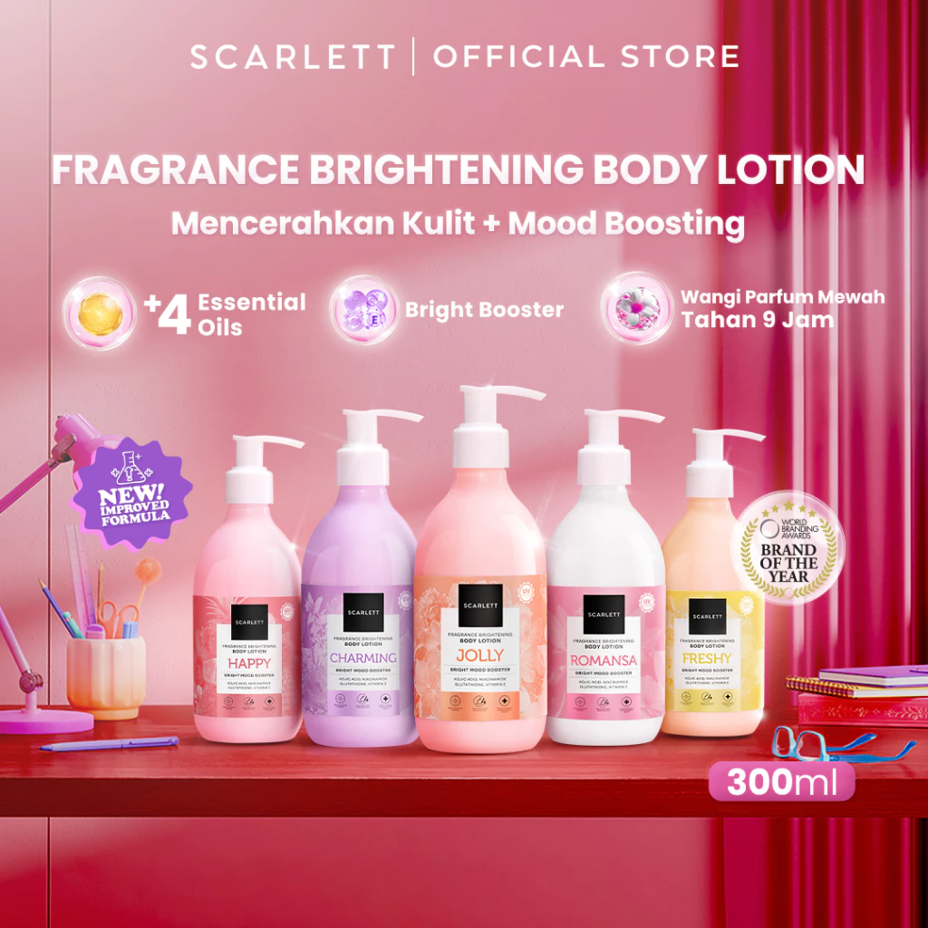 SCARLETT Fragrance Brightening Body Lotion Bright Mood Booster 300ml +4 Essential Oils 3X Brightening Power | Solusi Untuk Kulit Kering