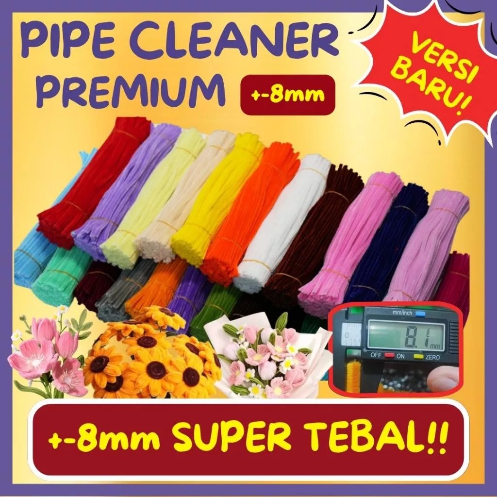 [100PC] PREMIUM 8MM Kawat Bulu Warna SUPER Tebal / Lebih TEBAL / Pipe Cleaner Tangkai