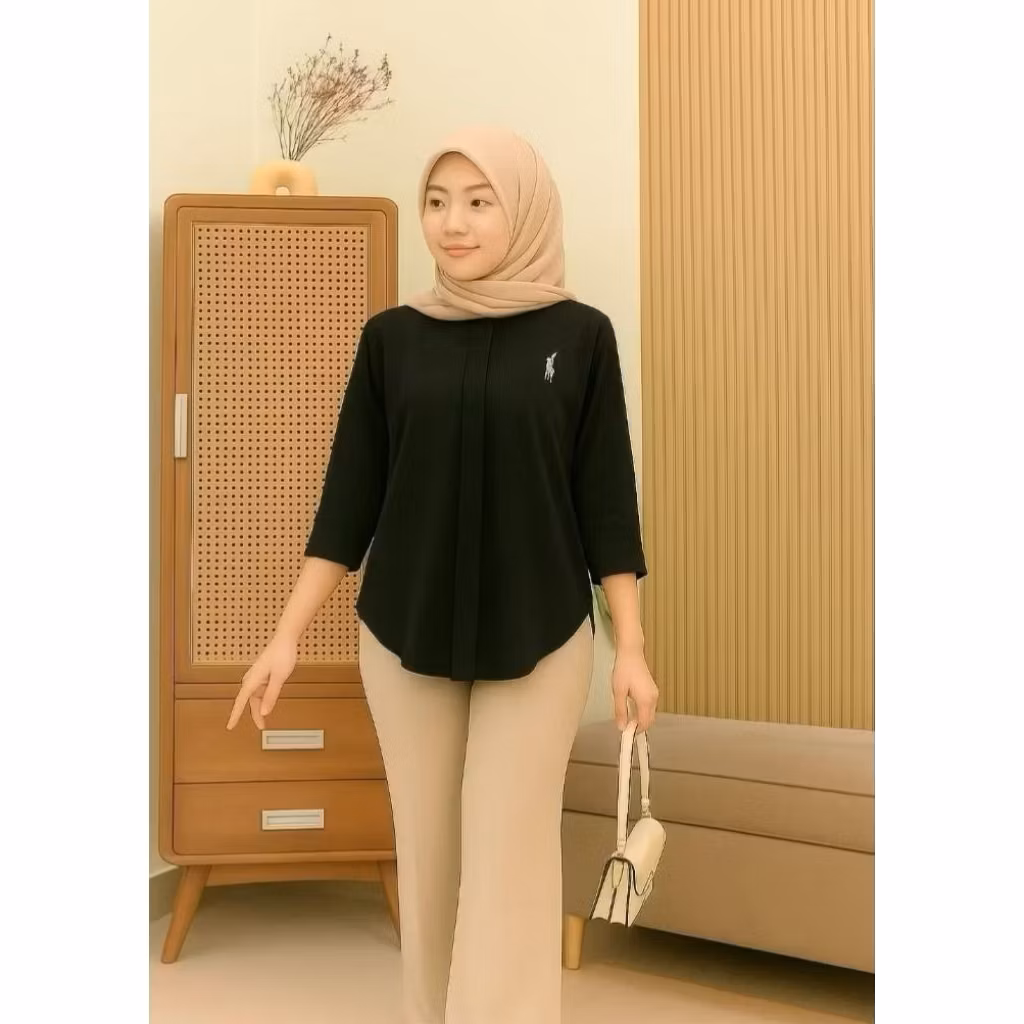 Kemeja Bordir Logo Atasan Wanita Rayon Lengan 7/8 - Kemeja Wanita Terbaru - Atasan Wanita