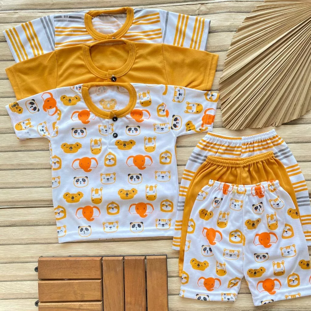 isi 3 Pcs Setelan Bayi Usia 3-12 Bulan Lengan Pendek Celana Pendek Kancing Depan Bayi Laki Laki Perempuan Baju Bayi Harian Setelan Jaya Baby&Kids
