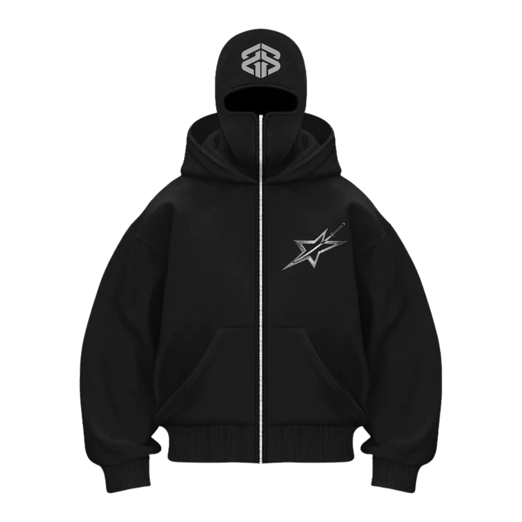 BRIGHTPATH - Hoodie Pria Balaclava Full Face Black Star Jaket Zipper Ninja Black Edition